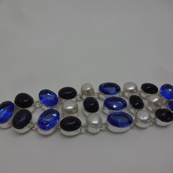 Stunning "SAPPHIRE, BLUE SUNSTONE & PEARL" Handmade Sterling Bracelet 7.5" #734 - Picture 2 of 3